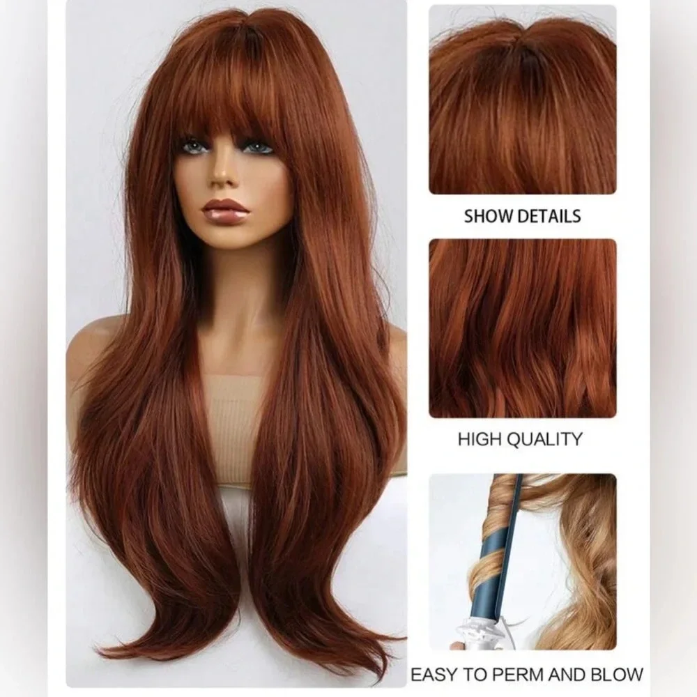 26 Inch Wavy Rusty Brown long hair with bangs Natural looking wig